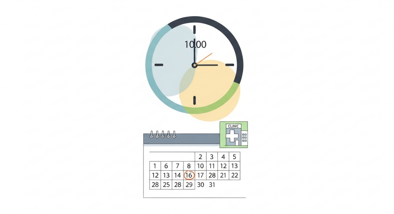 Sebuah jam dinding moden dan kalendar terbuka di atas meja, yang menunjukkan konsep pengurusan masa dan perancangan lawatan.