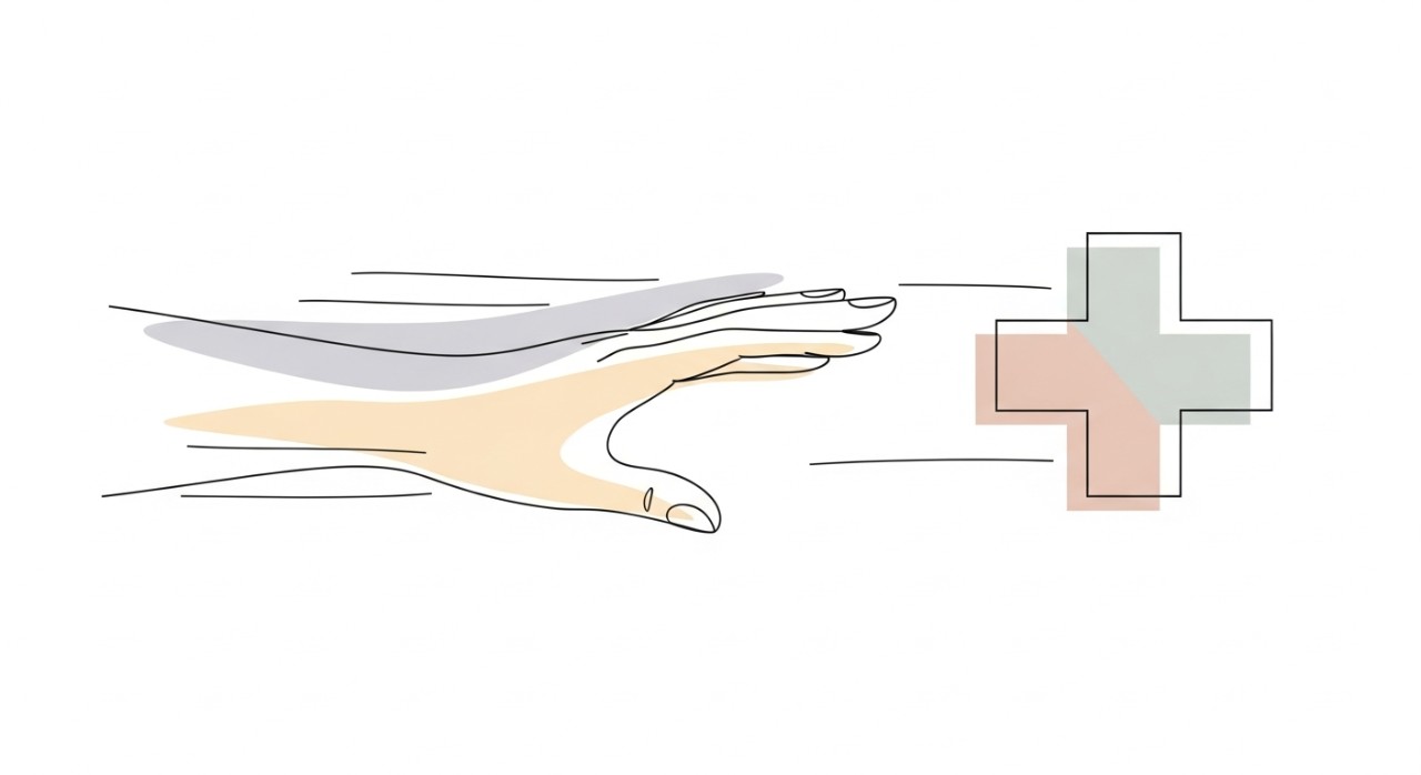 Tangan dihulurkan dengan cepat mencapai simbol palang perubatan, melambangkan bantuan segera.