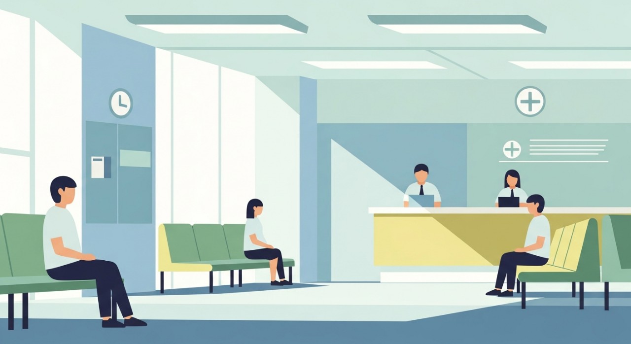 Barisan beberapa orang pesakit sedang duduk menunggu di ruang tunggu klinik yang bersih.