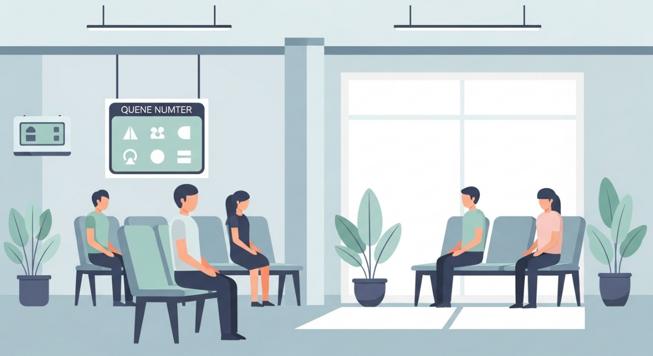 Beberapa orang duduk di kerusi sambil menunggu nombor giliran di ruang tunggu klinik yang bersih.