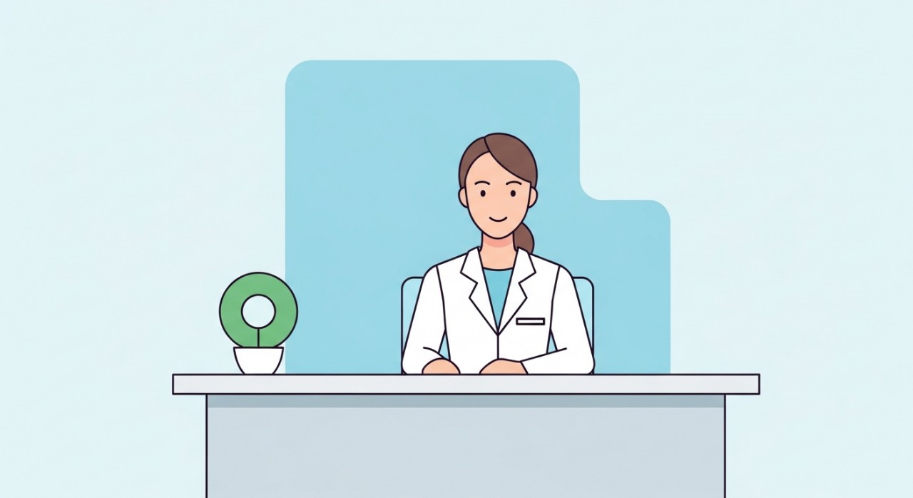 Masa Operasi Klinik Pakar Kulit Ko Melaka Terkini 2026 2 Seorang pakar dermatologi dalam kot putih sedang duduk di bilik konsultasi yang bersih dan minimalis.