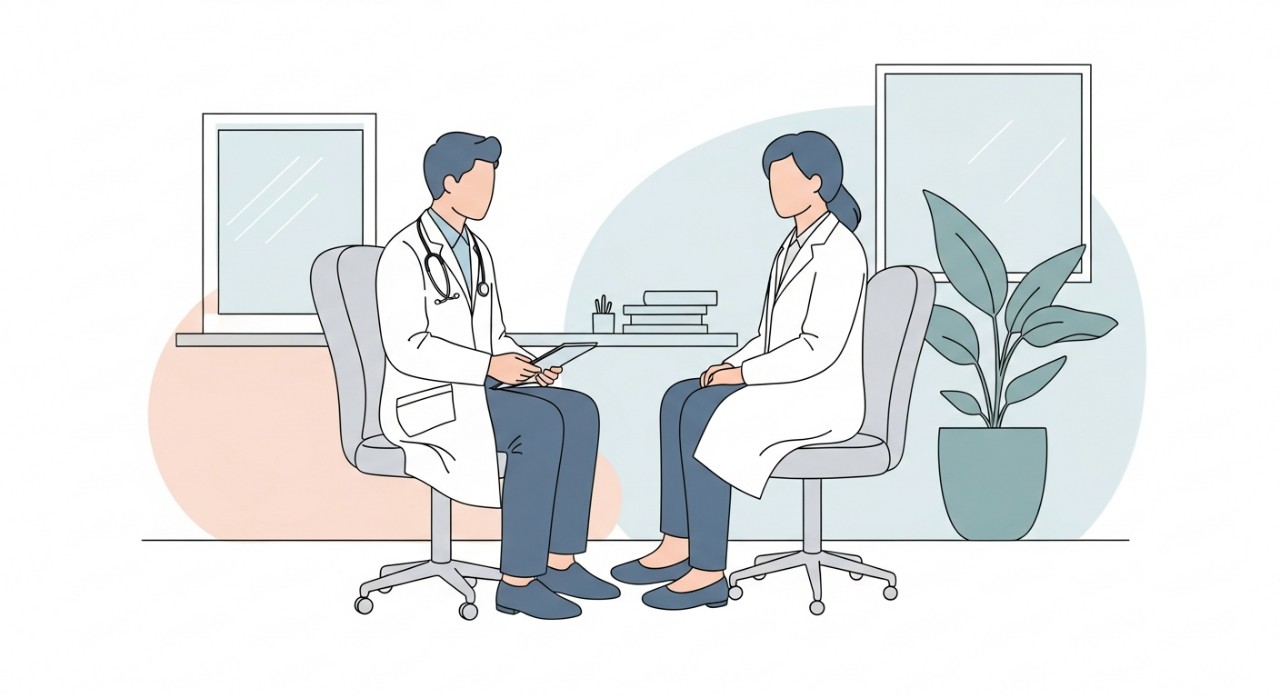 Seorang doktor pakar kulit sedang mendengar masalah pesakit di bilik konsultasi yang tenang.