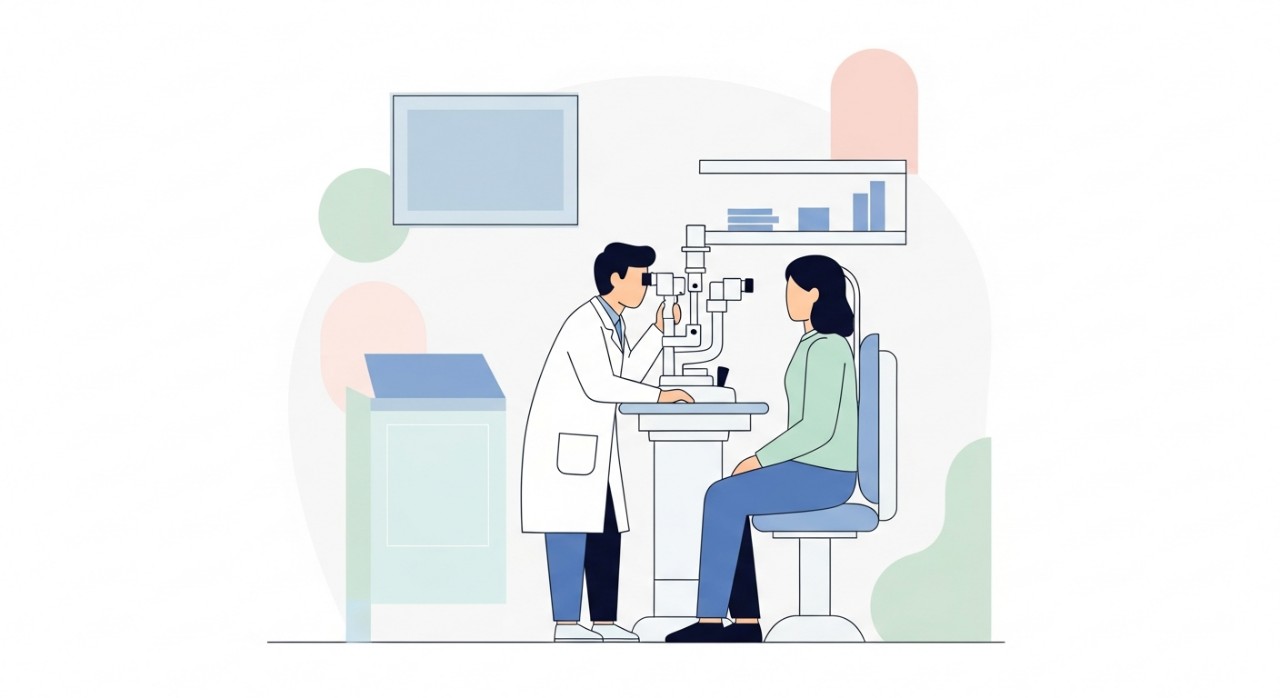 Seorang doktor pakar mata sedang memeriksa penglihatan seorang pesakit di dalam bilik konsultasi.