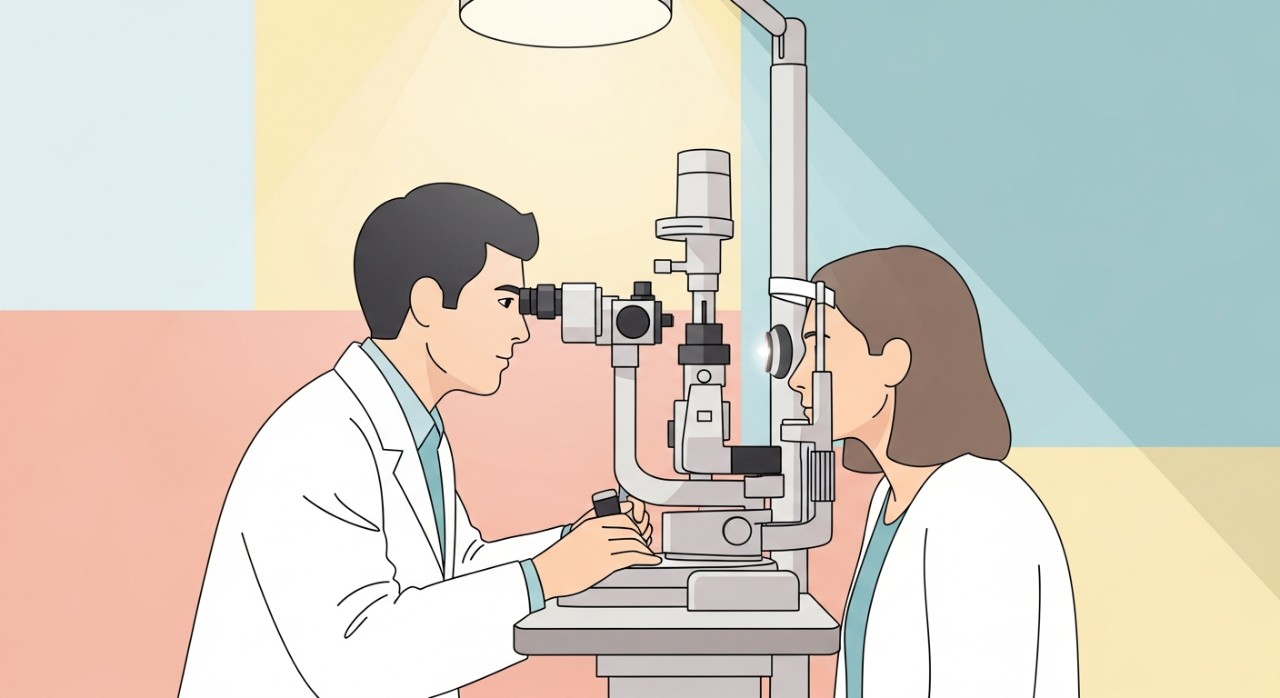 Masa Melawat Top Vision Eye Specialist Centre 2026 1 Seorang pakar optometri sedang menggunakan alat khusus untuk memeriksa mata seorang pesakit.