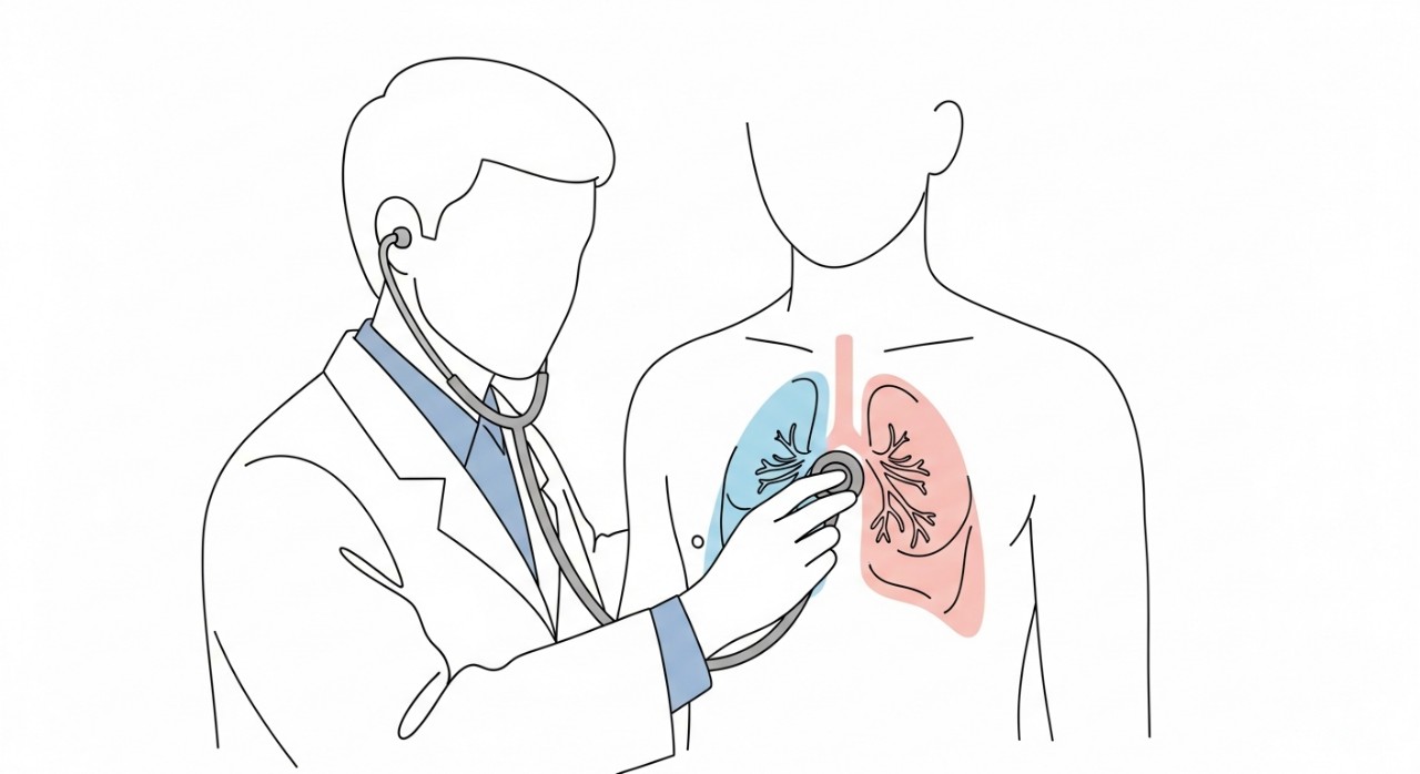 Seorang doktor pakar sedang memeriksa paru-paru pesakit menggunakan stetoskop.