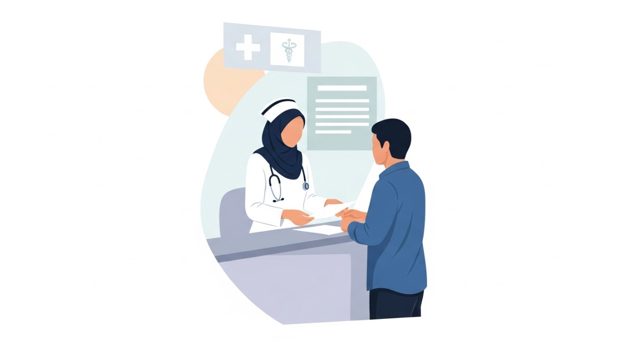 Jadual Masa Operasi Hospital Kuala Penyu Terkini 2026 1 Seorang jururawat sedang melayani pesakit di kaunter pendaftaran hospital.