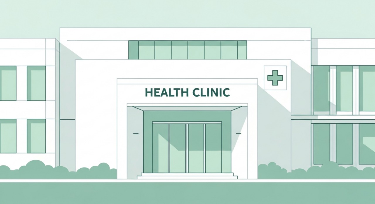 Bangunan klinik kesihatan berwarna putih dengan pintu masuk utama yang jelas.