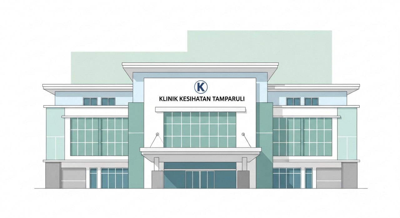 Bangunan hadapan Klinik Kesihatan Tamparuli dengan reka bentuk yang ringkas dan moden.