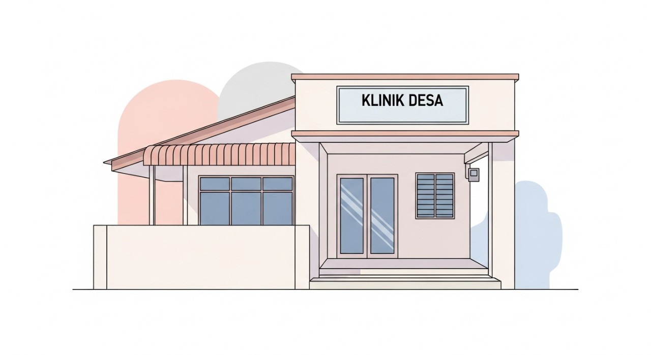 Tampak hadapan bangunan Klinik Desa Batu Kurau yang ringkas dengan papan tanda yang jelas.