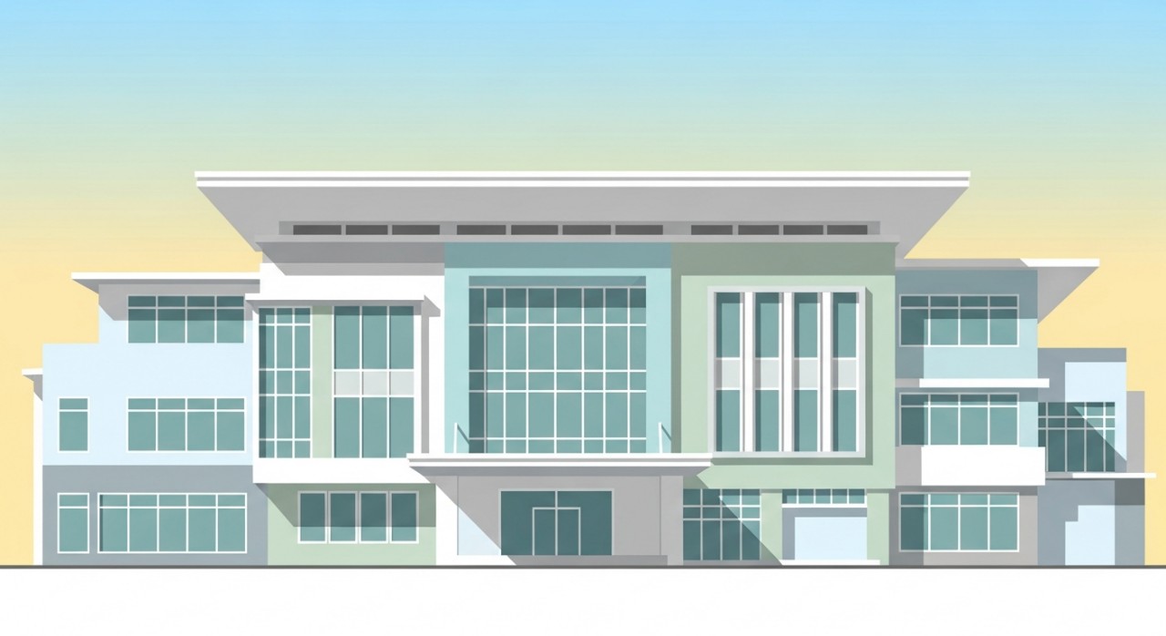 Pandangan minimalis bahagian hadapan bangunan Klinik Kesihatan Miri yang bersih dan moden.