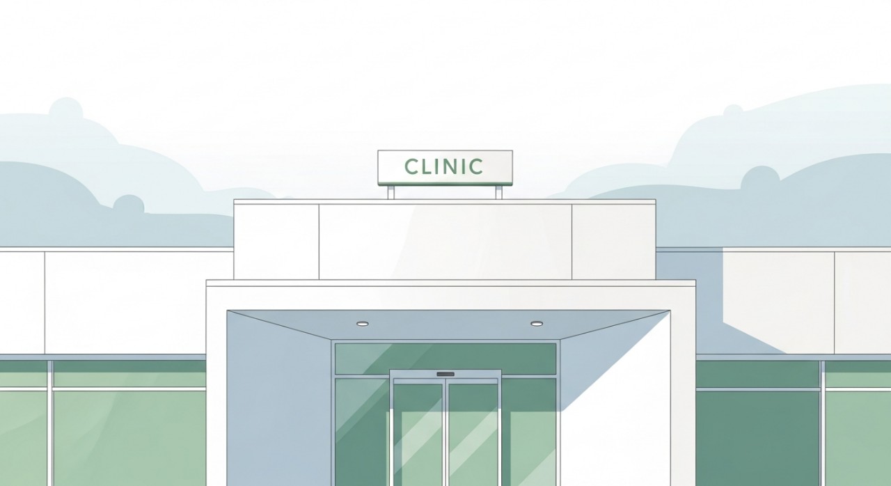 Pintu masuk utama sebuah klinik dengan lambang palang hijau yang jelas.