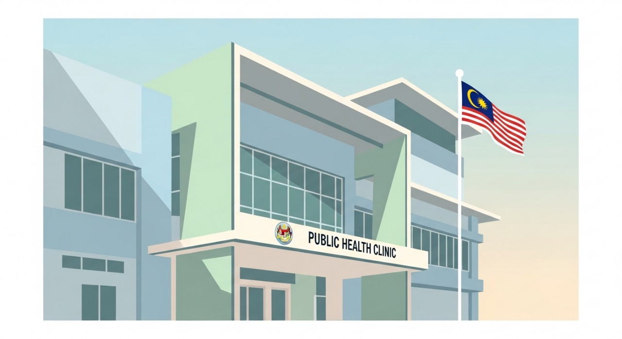 Pandangan minimalist bangunan Klinik Kesihatan Lenggong dari luar dengan bendera Malaysia berkibar.