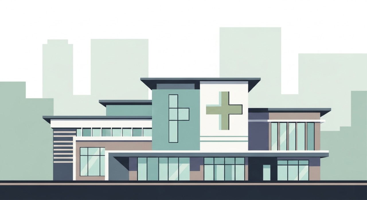 Bangunan luar poliklinik moden dengan reka bentuk minimalis dan nama pusat kesihatan terpampang jelas.