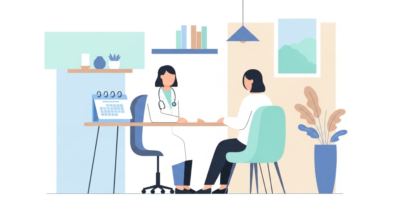 Seorang doktor sedang berbincang dengan pesakit di dalam bilik konsultasi.