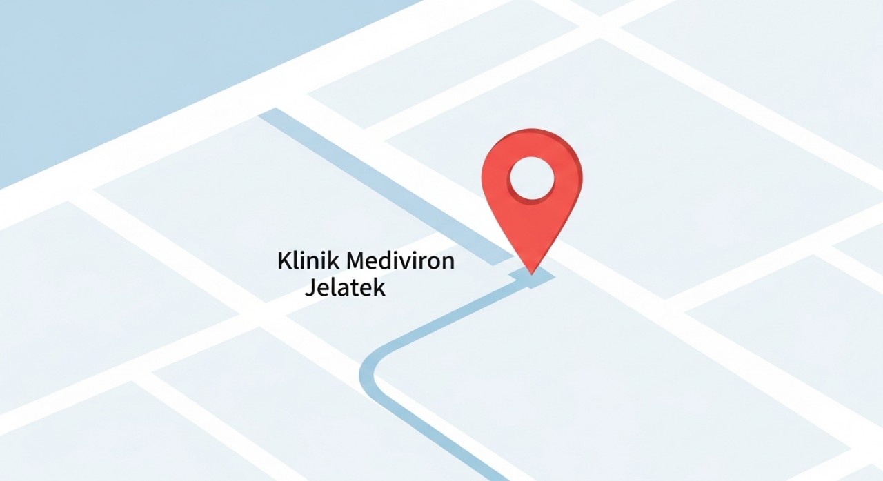 Ikon penunjuk lokasi di peta digital menunjukkan laluan ke Klinik Mediviron Jelatek.