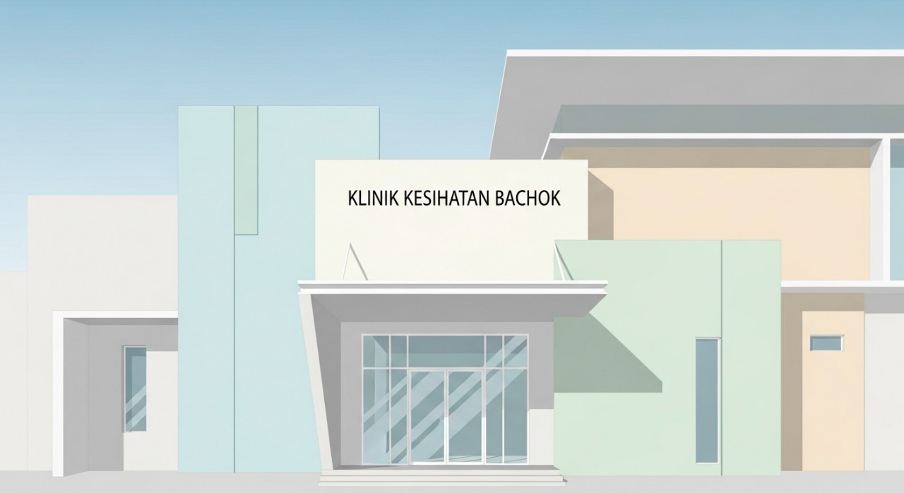 Pandangan luar (fasad) bangunan Klinik Kesihatan Bachok yang bersih dan moden pada waktu pagi.