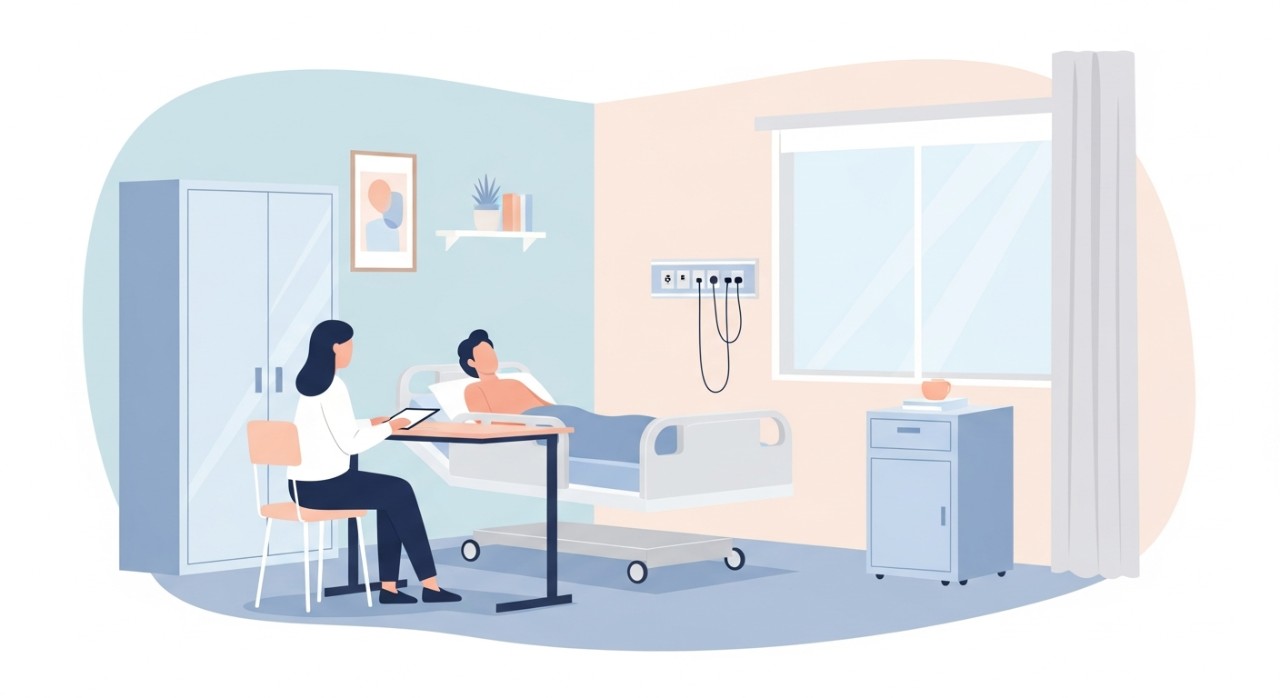 Masa Melawat Columbia Asia Hospital Miri Terkini 2026 1 Seorang pelawat duduk di sisi katil pesakit sambil berbual perlahan di wad hospital.