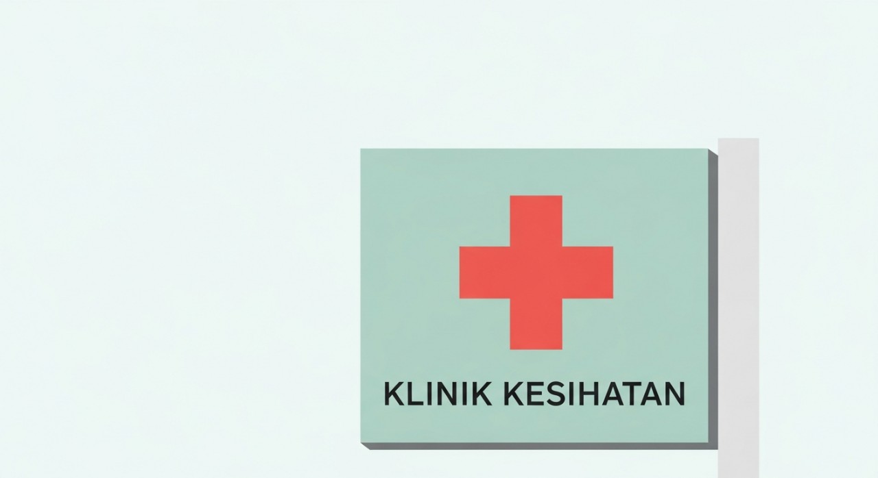 Papan tanda luar Klinik Kesihatan dengan simbol palang perubatan yang jelas dan mudah dibaca.