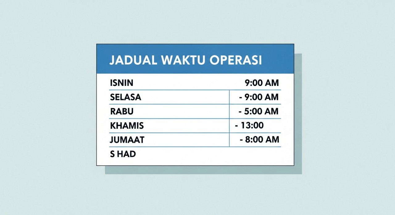 Jadual Penuh Masa Operasi Klinik Pergigian Smile Craft 2026 2 Papan informasi digital yang memaparkan jadual waktu operasi harian klinik.