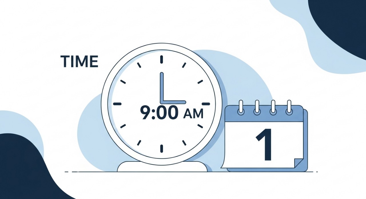 Ilustrasi kalendar dan jam dinding besar yang menonjolkan konsep masa dan jadual.