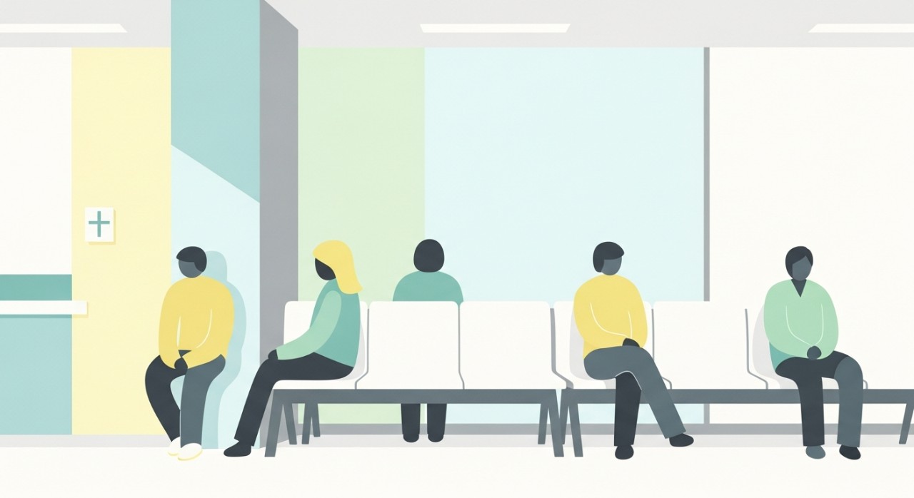 Beberapa pelawat sedang duduk menunggu dengan tenang di ruang menunggu hospital.