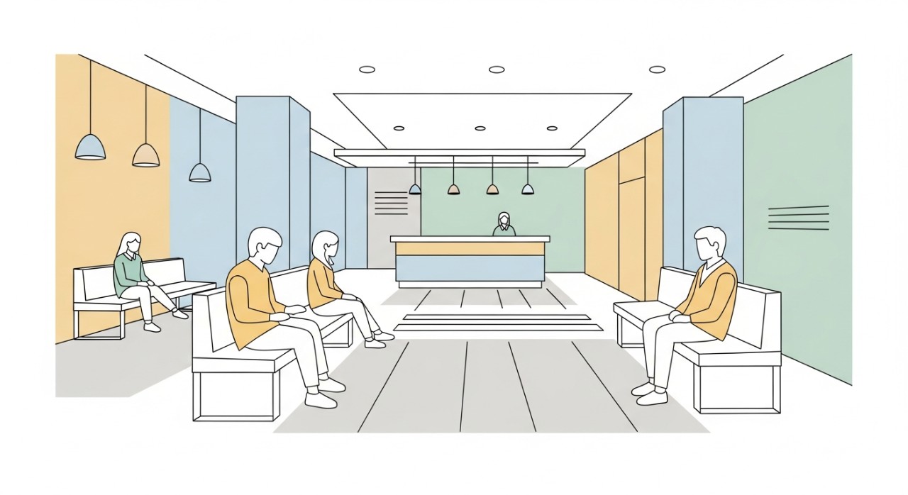 Beberapa orang pelawat sedang duduk menunggu di kawasan lobi hospital yang bersih.