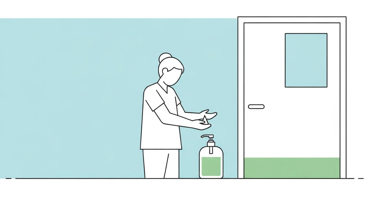 Seorang pelawat sedang mencuci tangan menggunakan pensanitasi sebelum masuk ke kawasan wad hospital.