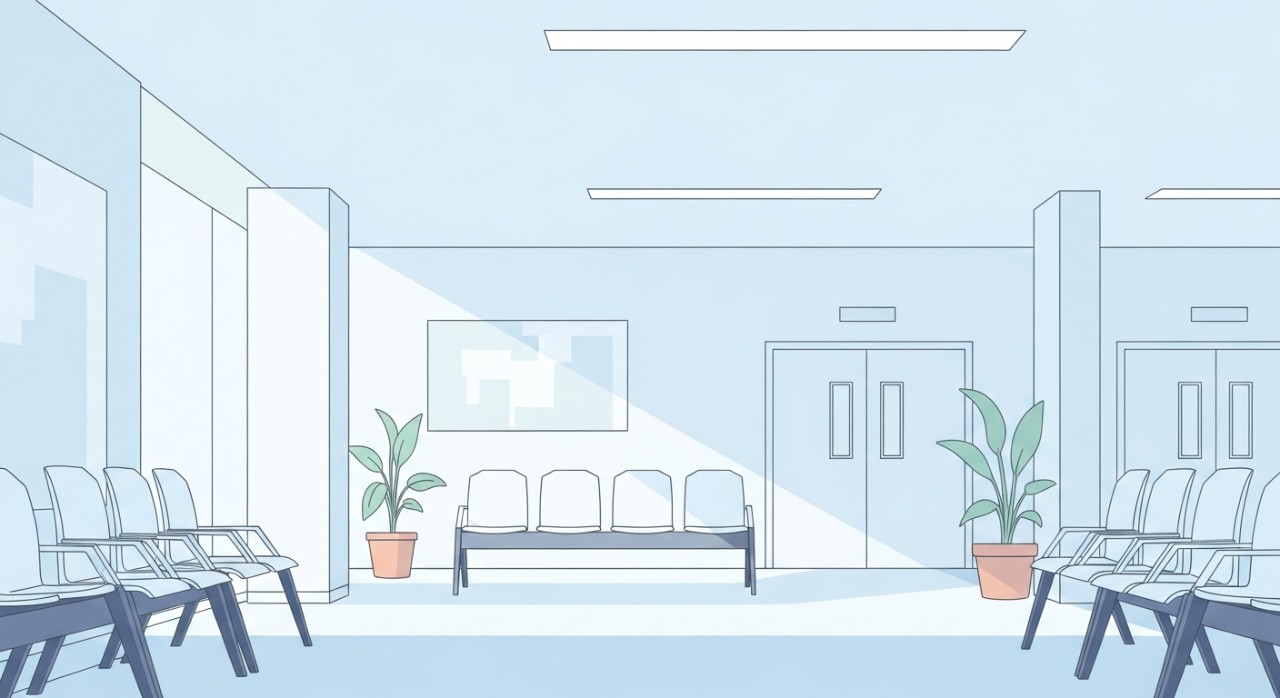 Ruang menunggu hospital yang lapang dan bersih dengan kerusi kosong yang tersusun rapi.