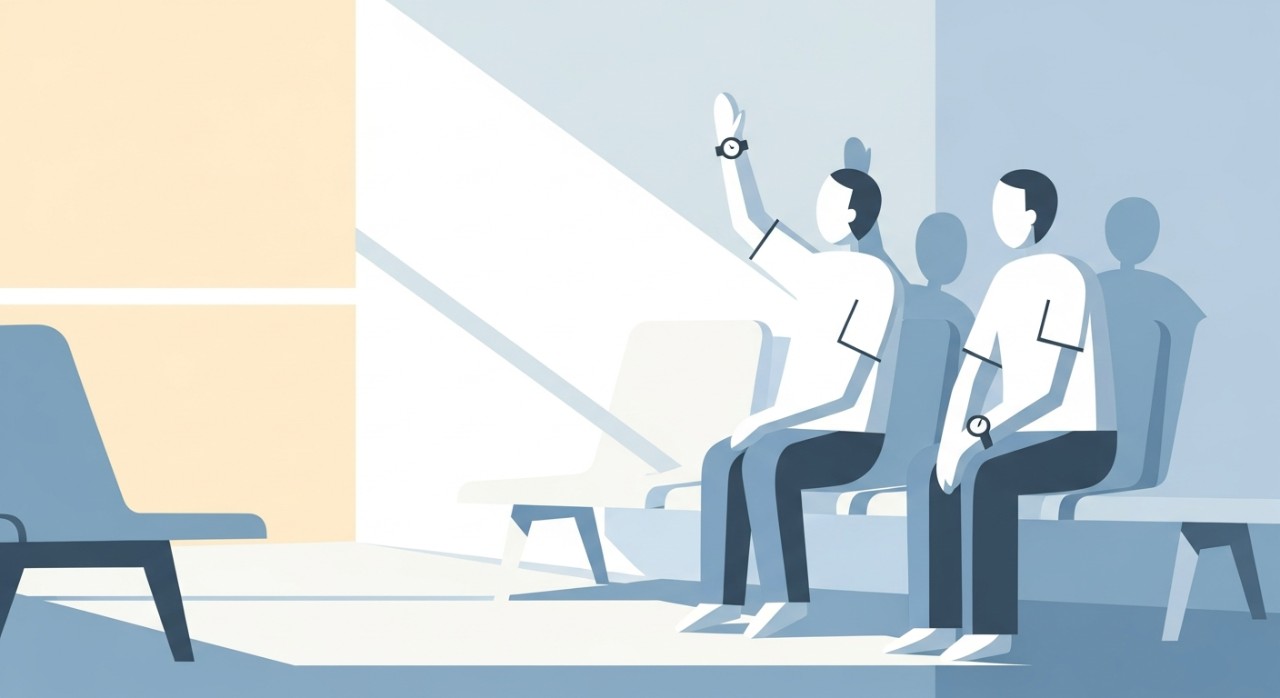 Dua orang pelawat duduk di bangku panjang di ruang menunggu hospital yang bersih dan terang. Salah seorang melihat jam tangan.