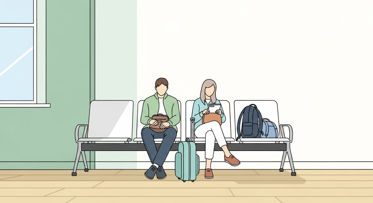 Dua figura minimalis duduk di bangku di ruang menunggu hospital yang bersih dan tenang.