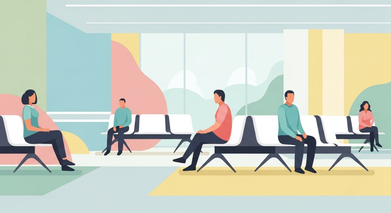 Beberapa orang duduk di kerusi ruang menunggu hospital dengan suasana yang tenang.