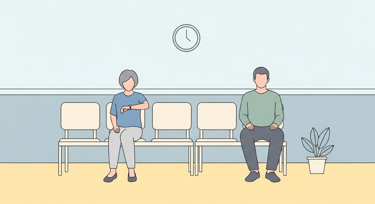 Masa Melawat Ampang Puteri Specialist Hospital 2026 1 Dua orang pelawat duduk di kerusi sambil melihat jam tangan di ruang menunggu hospital