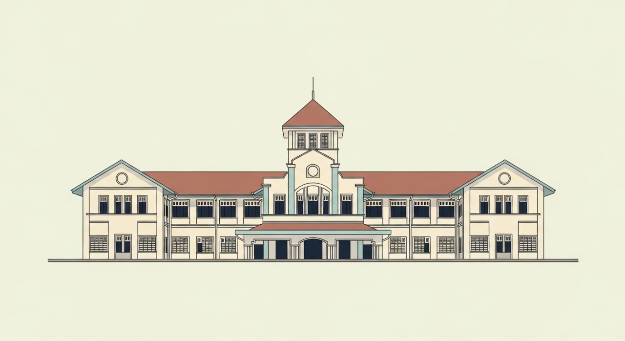 Struktur hadapan bangunan Hospital Kluang lama yang bersejarah dilihat dari sudut pandangan luar.