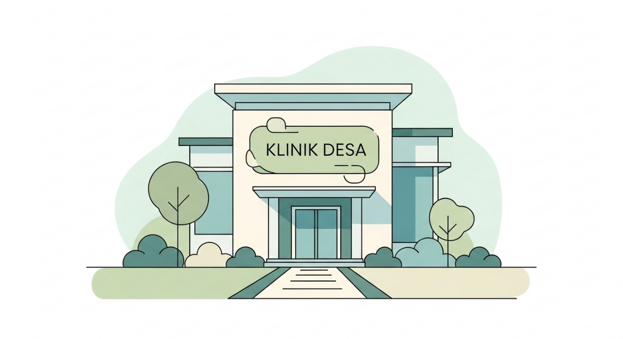 Bangunan klinik desa yang moden dan bersih dengan papan tanda nama yang jelas di hadapan.