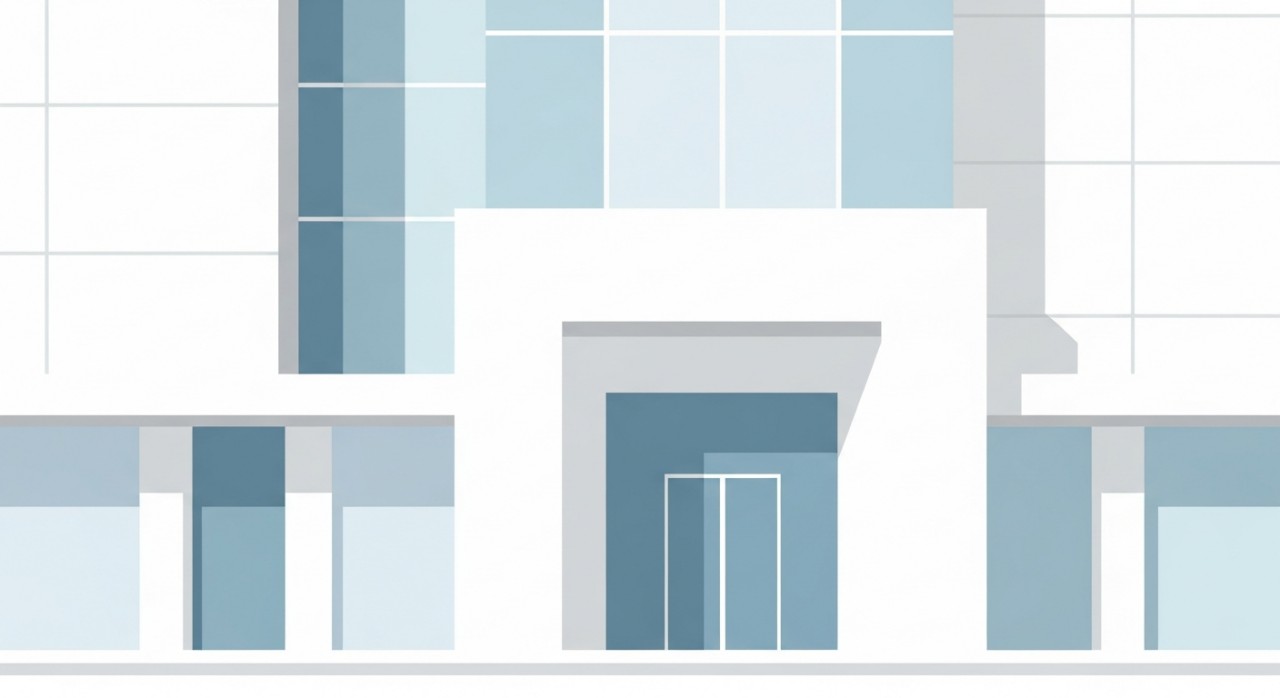 Pandangan hadapan sebuah bangunan klinik moden yang bersih dengan tingkap besar.