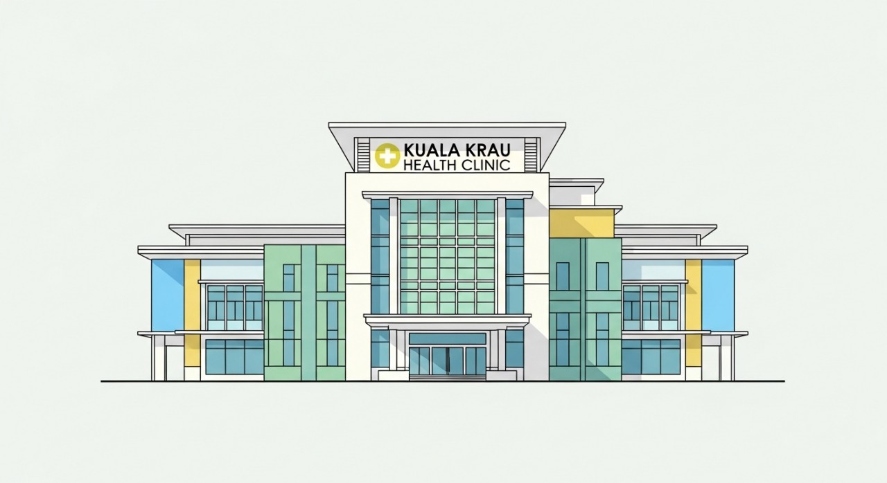 Bangunan utama Klinik Kesihatan Kuala Krau dari pandangan hadapan yang bersih.