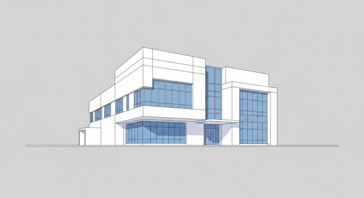 Ilustrasi fasad bangunan moden Pusat Dialisis NKF di kawasan Georgetown.