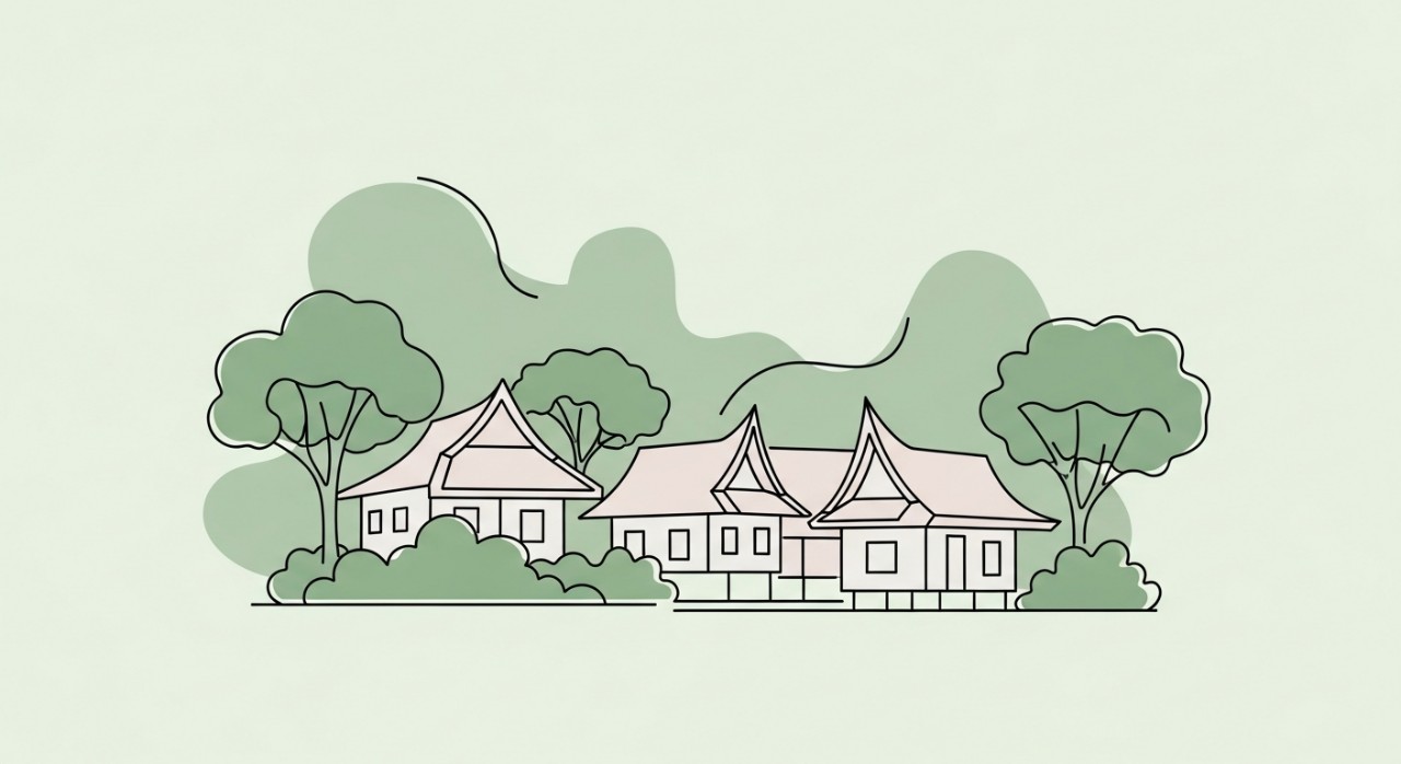 Pemandangan rumah-rumah kampung yang tenang pada waktu pagi.