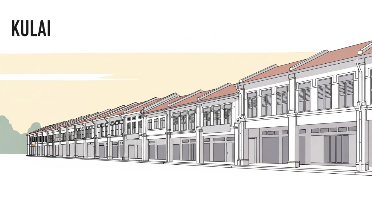 Suasana jalan utama di pekan Kulai, Johor dengan deretan rumah kedai yang sibuk.