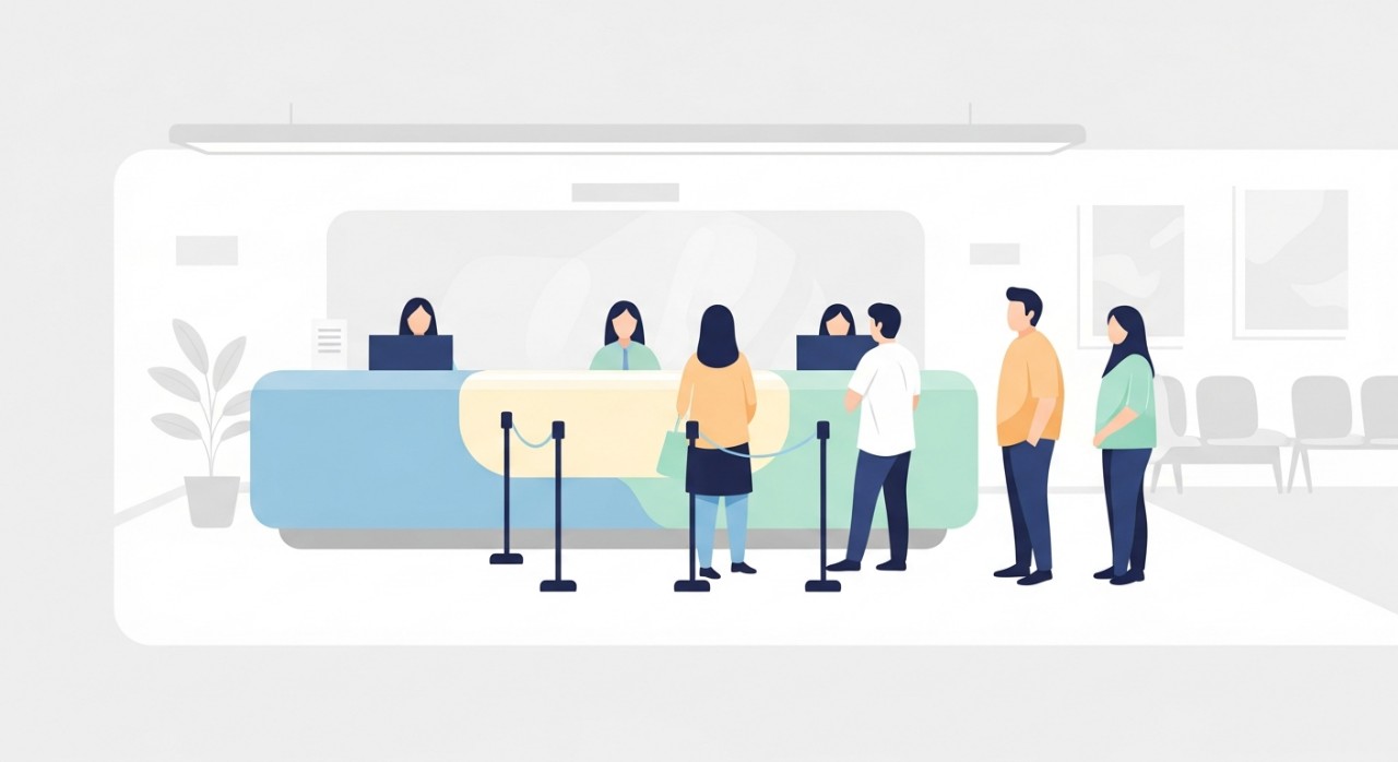 Beberapa orang pesakit sedang menunggu dengan tertib di kaunter pendaftaran awal pagi klinik kesihatan.