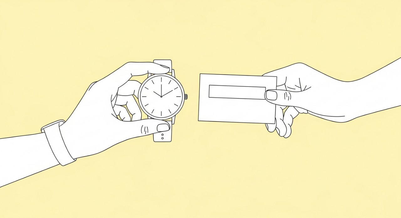 Tangan seseorang sedang melihat jam tangan sambil memegang kad temujanji klinik.