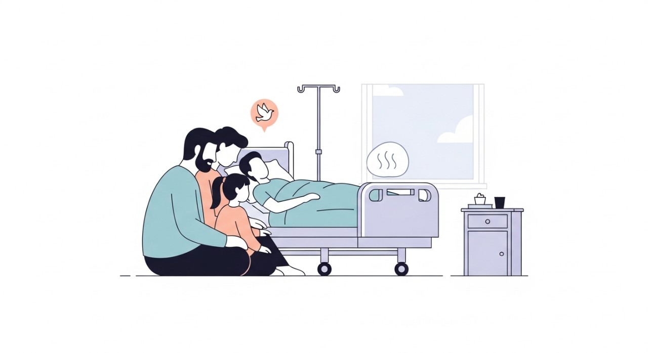 Masa Melawat Icon Cancer Centre Penang Terkini 2026 1 Seorang pelawat sedang berbual perlahan dengan pesakit yang terbaring di katil hospital, menunjukkan suasana lawatan yang tenang dan penuh empati.