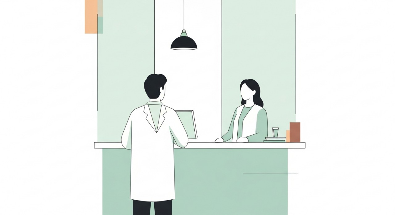 Seorang doktor sedang berinteraksi dengan seorang pesakit di kaunter pendaftaran klinik.