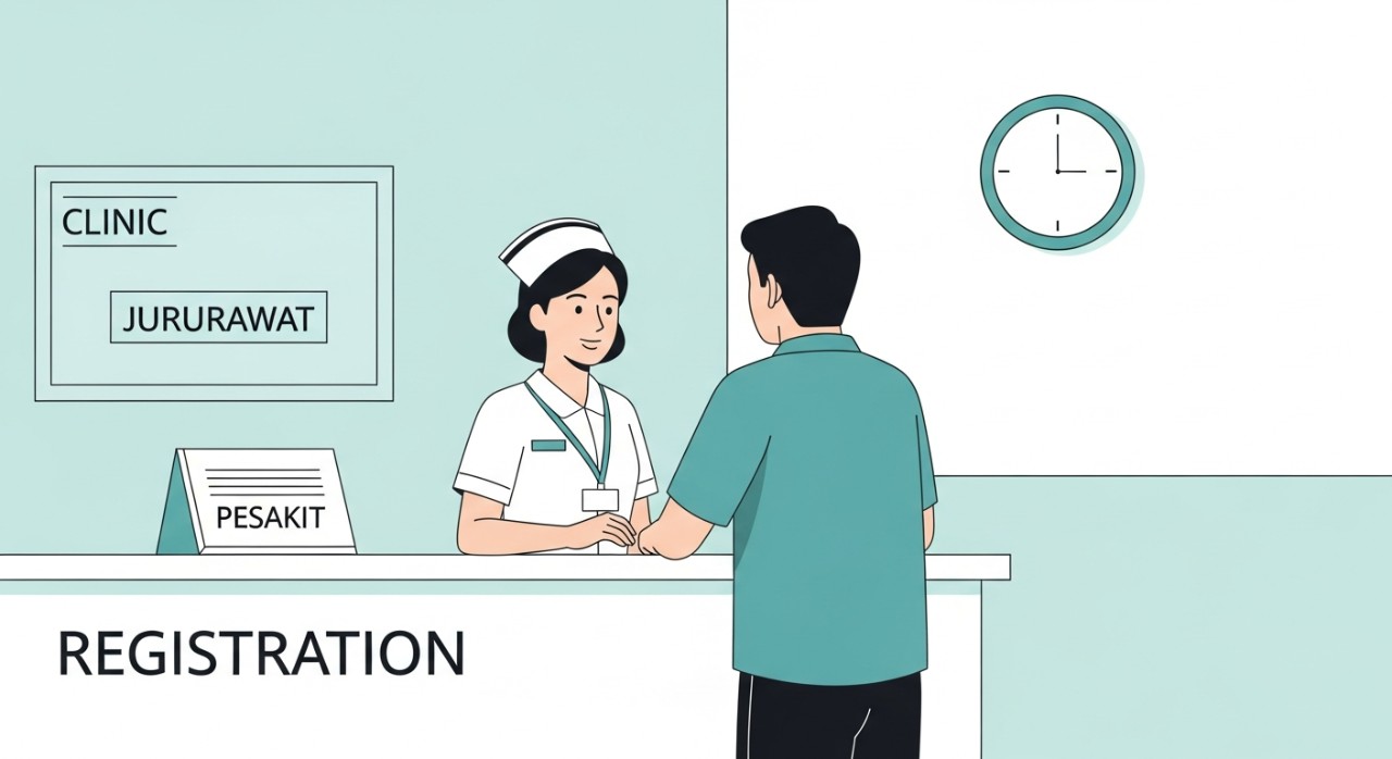 Masa Operasi Klinik Kesihatan Pelabuhan Klang 2026 1 Seorang jururawat sedang melayan pesakit di kaunter pendaftaran klinik.