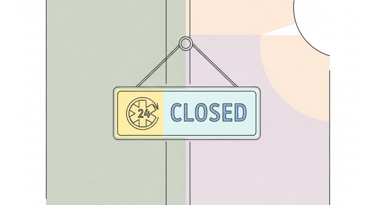 Lampu isyarat merah dan simbol kecemasan menandakan klinik sudah tutup.