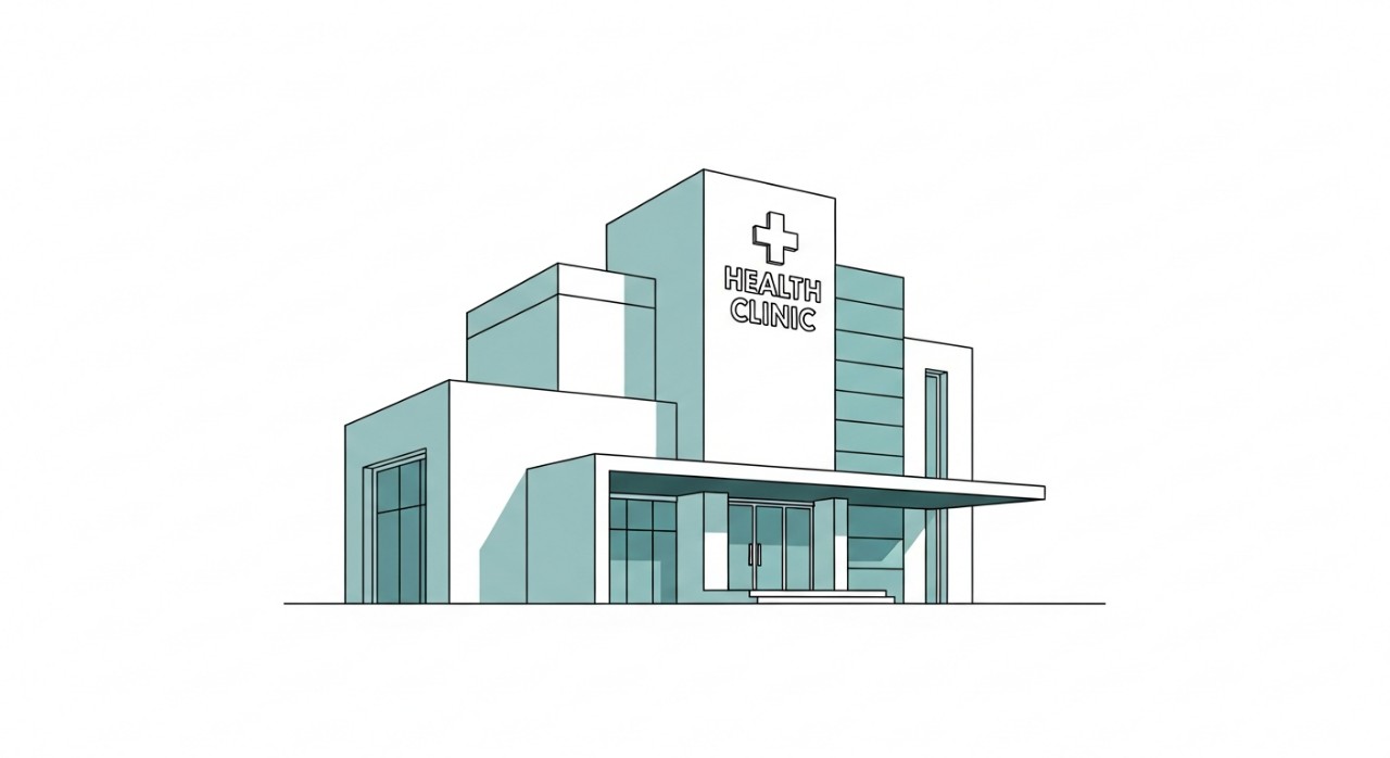 Ikon minimalis bangunan klinik kesihatan dengan simbol salib hijau di hadapannya.