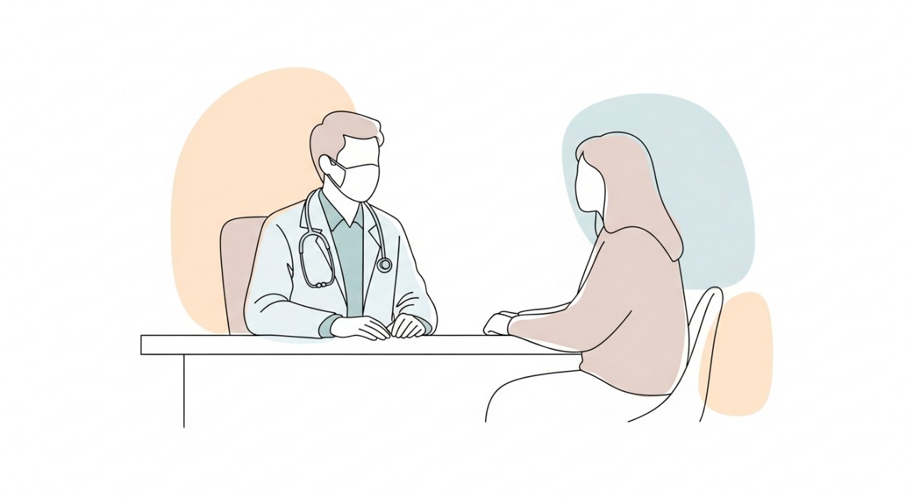 Seorang doktor atau pegawai perubatan sedang memberikan konsultasi kepada seorang pesakit di bilik rawatan.