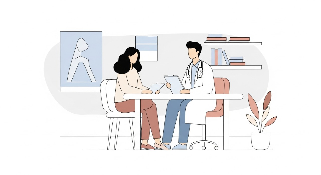 Seorang doktor sedang berbincang dan memberikan nasihat kesihatan kepada pesakit di bilik konsultasi klinik.