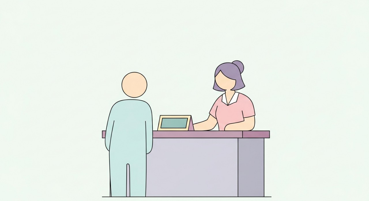Kaunter pendaftaran klinik yang kosong dan teratur dengan beberapa ikon perubatan di latar belakang.