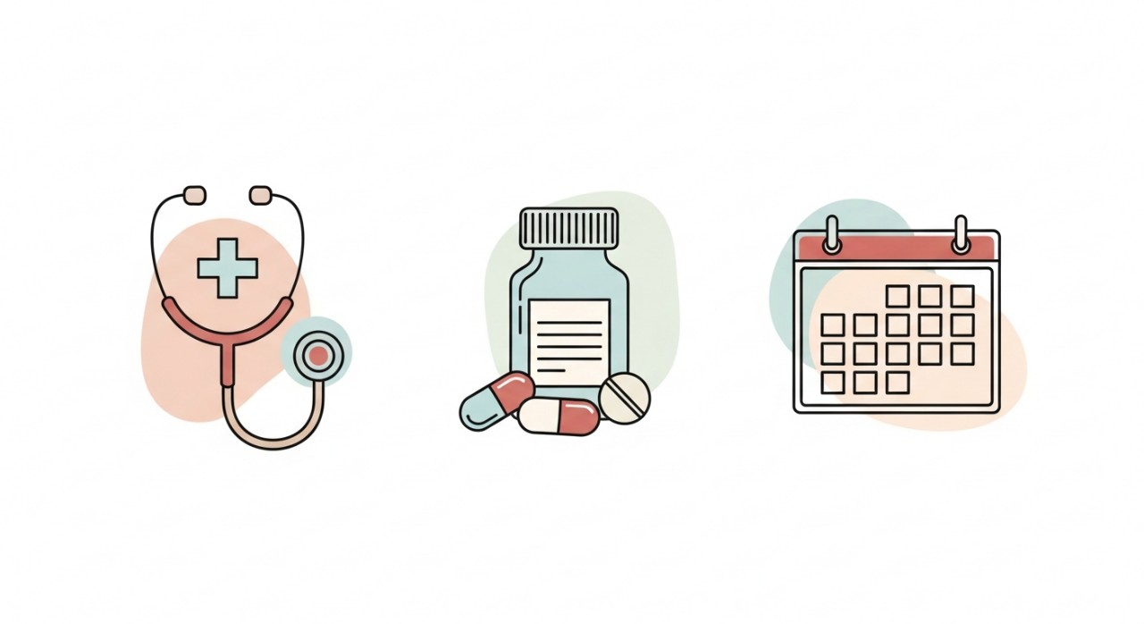Ikon-ikon ringkas mewakili pelbagai perkhidmatan kesihatan seperti pemeriksaan dan farmasi.